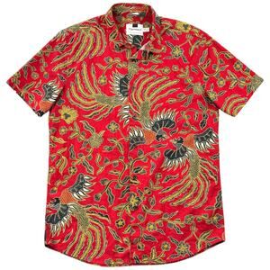 Topman Floral Bird Print Shirt Red Tropical Cotton Button Up Japanese Inspired M